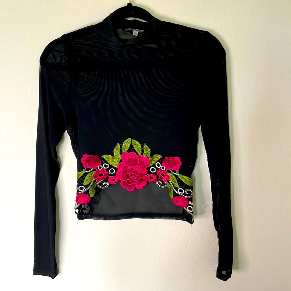 Black and Floral Mesh Top